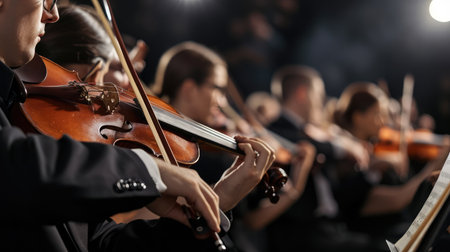 Professional symphonic orchestra performing on stage and playing a classical music concertの素材