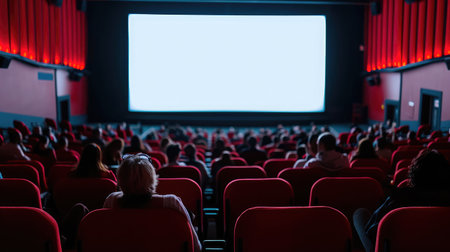 Cinema blank wide screen and people in red chairs in the cinema hall. Blurred People silhouettes watching movie performance.の素材