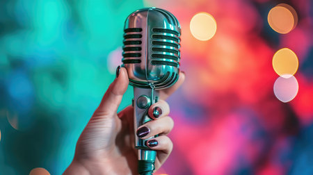 Female hand holding a single retro microphone against colourful backgroundの素材