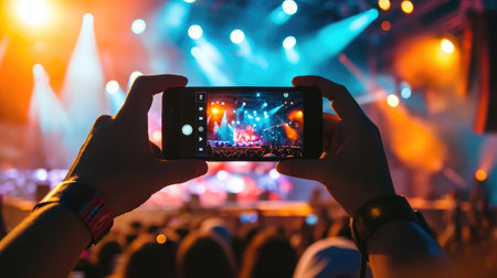 Hand with a smartphone records live music festival, Taking photo of concert stageの素材