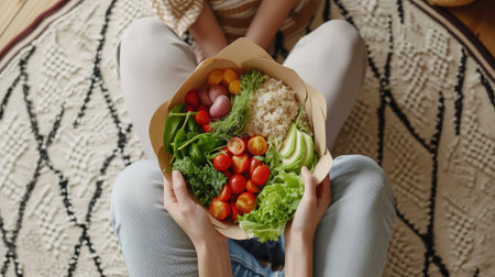 Girl holds a paper plate with healthy food sitting on the floor. Home delivery foodの素材