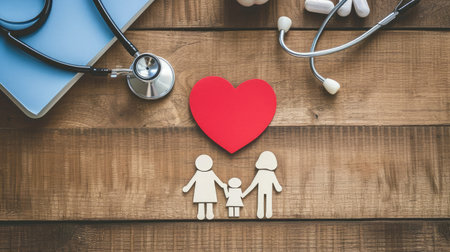 family health care and insurance concept. top viewの素材