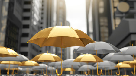 Gold umbrella on top of other gray umbrellas on city background. Business and safety conceptの素材