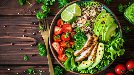 Healthy salad bowl with quinoa, tomatoes, chicken, avocado, lime and mixed greensの素材