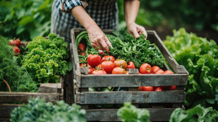Vegetable farmer arranging freshly picked produce into a crate on an organic farm.の素材