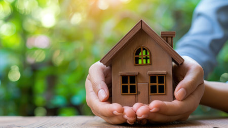 insurance with hands protect a house. Home insurance or house insurance conceptの素材