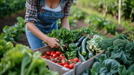 Vegetable farmer arranging freshly picked produce into a crate on an organic farm.の素材