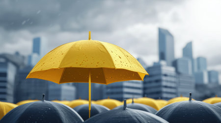 Gold umbrella on top of other gray umbrellas on city background. Business and safety conceptの素材