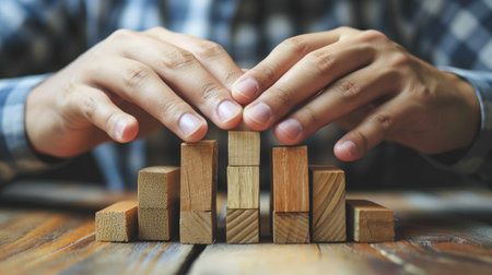 young man used both of his hands to protect from the falling wooden blocksの素材