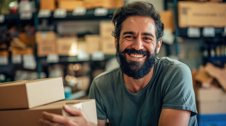 Hispanic man with beard working at small business ecommerce holding packages smiling with a happy and cool smile on face. showing teeth.の素材