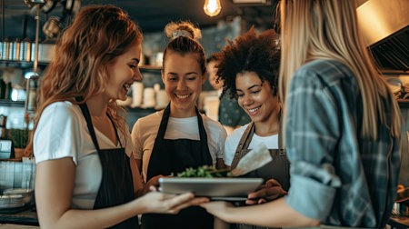 Women working together to ensure that customers receive the best hospitality serviceの素材