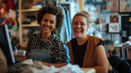 Two happy businesswomen smiling while working in a thrift store. Female entrepreneurs running an e-commerce smallの素材