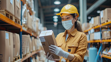 Female seller worker online store holding scanner scanning parcel barcode tag packing ecommerce post shipping boxの素材