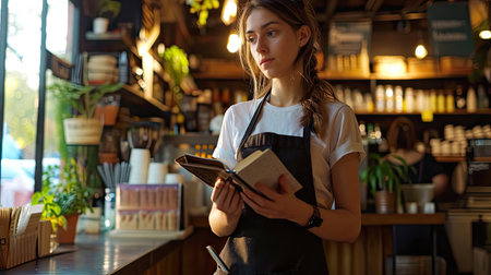 attractive waitress wearing black apron standing in cozy coffeehouse, female cafe worker with notebookの素材