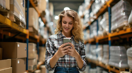Online store owner reading a text message on her cellphone. Happy businesswoman making plansの素材