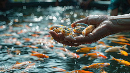 Aquaculture farmers hand hold food for feeding fish in pond in local agriculture farmland.Fish feed in a hand at fish farmの素材