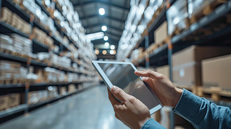 Smart warehouse management system.Worker hands holding tablet on blurred warehouse as backgroundの素材