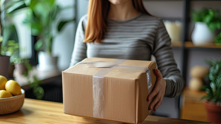 Closeup view of female online store small business owner seller entrepreneur packingの素材