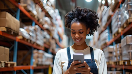 Online store owner reading a text message on her cellphone. Happy businesswoman making plansの素材