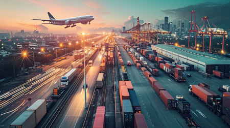 Global logistics network concept, Air cargo trucking rail transportation maritime shipping On-time deliveryの素材