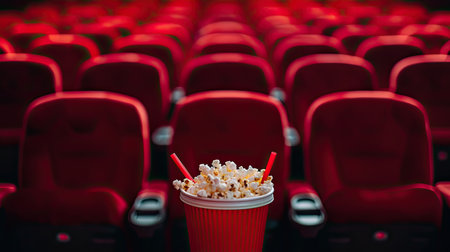 Empty rows of red seats with pop corn and drink on the floor at the cinemaの素材