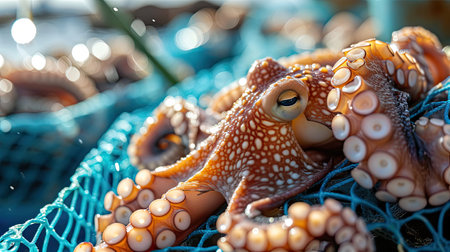 many brown octopus was brought to the sun on the blue net placed on bambooの素材