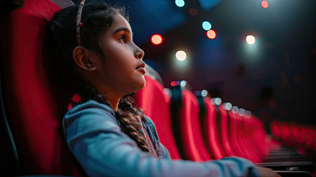 Indian tween girl watching movie in dark movie theaterの素材
