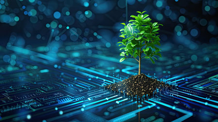 Tree with soil growing on the converging point of computer circuit board. Blue light and wireframe network background. Green Computing, Green Technology,の素材