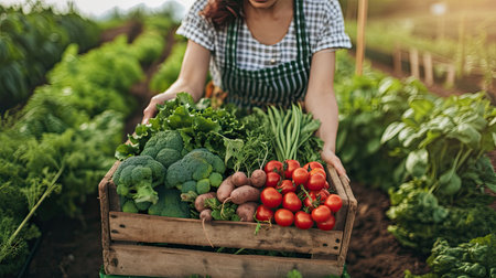 Anonymous chef harvesting fresh vegetables in an agricultural field. Self-sustainable female chef arranging a variety of freshly picked produce into a crate on an organic farm.の素材