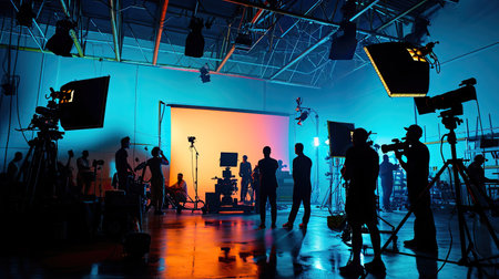 Silhouette images of video production behind the scenes. making of TV commercial movie that film crew team lightman and cameraman working together with film director in studio. film production conceptの素材