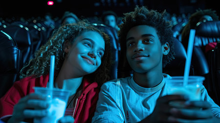 Tween couple watching movie, sharing soda with straws in dark movie theaterの素材