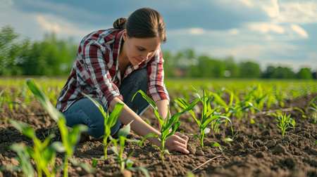 Farmer examining corn plant in field. Agricultural activity at cultivated land. Woman agronomist inspecting maize seedlingの素材