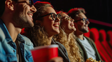Young people laughing while watching film in movie theater. Group of friends in multiplex cinema with drinking and popcorn.の素材