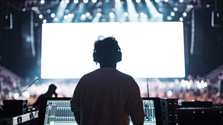 sound engineer backstage crew team working to setting and preparing production for show events or music concert stage with blurry white screen in background.の素材
