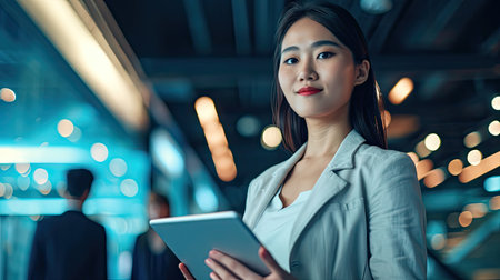 Business woman, tablet and portrait of a digital developer professional with team ready for work. Tech employee, company vision and web job of a female ready for information technology projectの素材