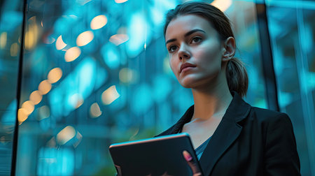 Business woman, tablet and portrait of a digital developer professional with team ready for work. Tech employee, company vision and web job of a female ready for information technology projectの素材