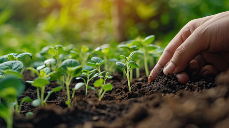 Hand of expert farmer collect soil and checking soil health before growth a seed of vegetable or plant seedling. Agriculture, gardening or ecology concept.の素材