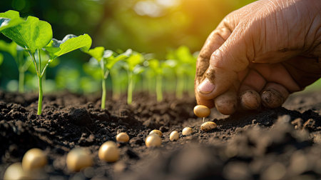 agriculture. farmer hands planting seeds. business plant agriculture concept. farmer hands is planting seeds in the suburbs beginning of the seasonal agricultural work. business agriculture gardenの素材