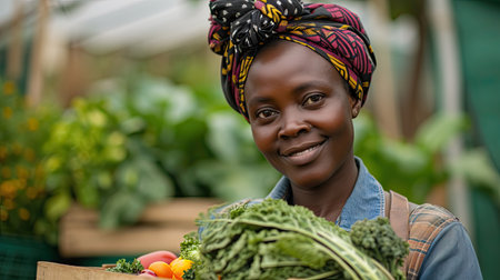 Woman, vegetables box and agriculture, sustainability or farming for supply chain or agro business. African farmer in portrait with harvest and gardening for NGO, nonprofit food or groceries basketの素材