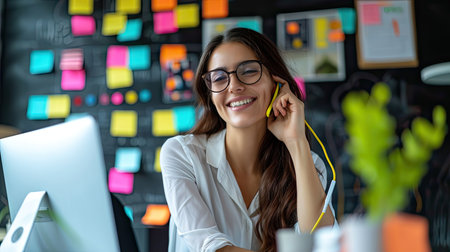 happy businesswoman speaks on the phone with an associate, discussing a marketing project. Professional woman with a creative and digital marketing background working on a newの素材