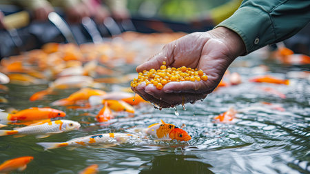 Aquaculture farmers hand hold food for feeding fish in pond in local agriculture farmland.Fish feed in a hand at fish farmの素材