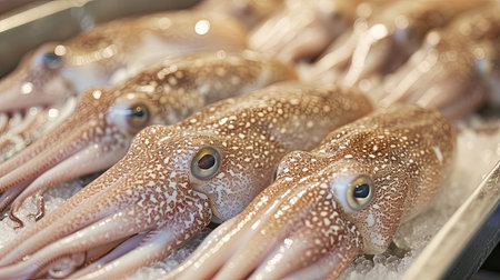 Fresh squid on a tray. Close-up squid or splendid squid : (Loligo spp.) Lined up beautifully on a stallの素材