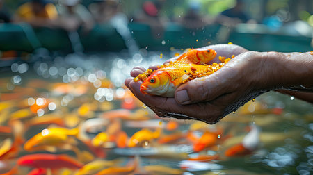 Aquaculture farmers hand hold food for feeding fish in pond in local agriculture farmland.Fish feed in a hand at fish farmの素材