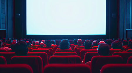Cinema blank wide screen and people in red chairs in the cinema hall. Blurred People silhouettes watching movie performance.の素材