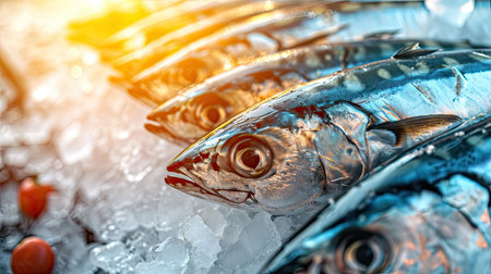 Closeup of Fresh Raw Short Mackerel or Shortbodied Mackerel (Rastrelliger brachysoma Fish) on Ice in the local open market against golden sunbeam as fishery industry or Asian fish market backgroundの素材