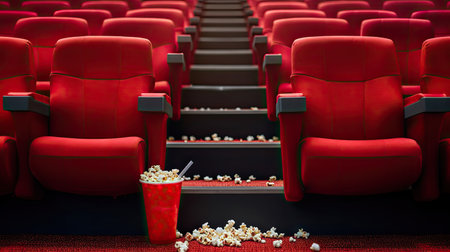 Empty rows of red seats with pop corn and drink on the floor at the cinemaの素材