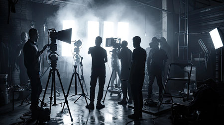Silhouette images of video production behind the scenes. making of TV commercial movie that film crew team lightman and cameraman working together with film director in studio. film production conceptの素材