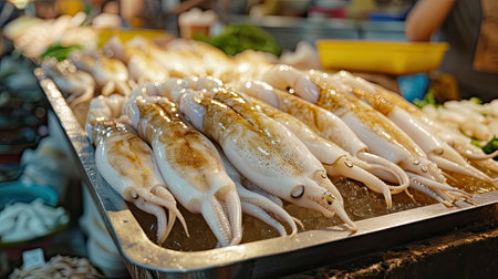Fresh squid on a tray. Close-up squid or splendid squid : (Loligo spp.) Lined up beautifully on a stallの素材