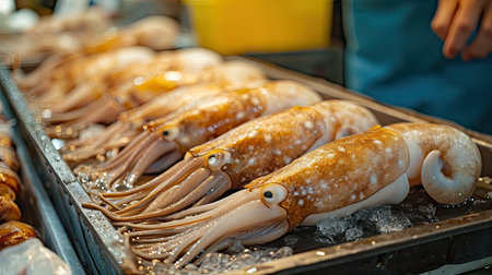 Fresh squid on a tray. Close-up squid or splendid squid : (Loligo spp.) Lined up beautifully on a stallの素材