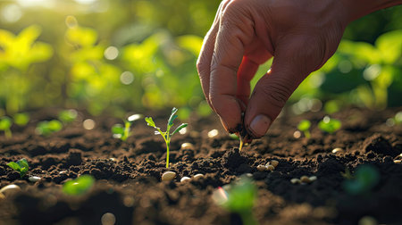 agriculture. farmer hands planting seeds. business plant agriculture concept. farmer hands is planting seeds in the suburbs beginning of the seasonal agricultural work. business agriculture gardenの素材